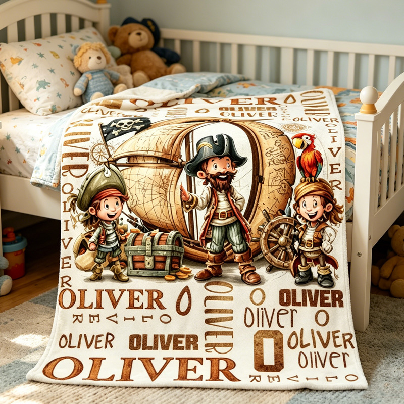 Personalized Pirate Adventure Kids Name Blanket With Ship Little Pirates Treasure And Repeating Baby Gift