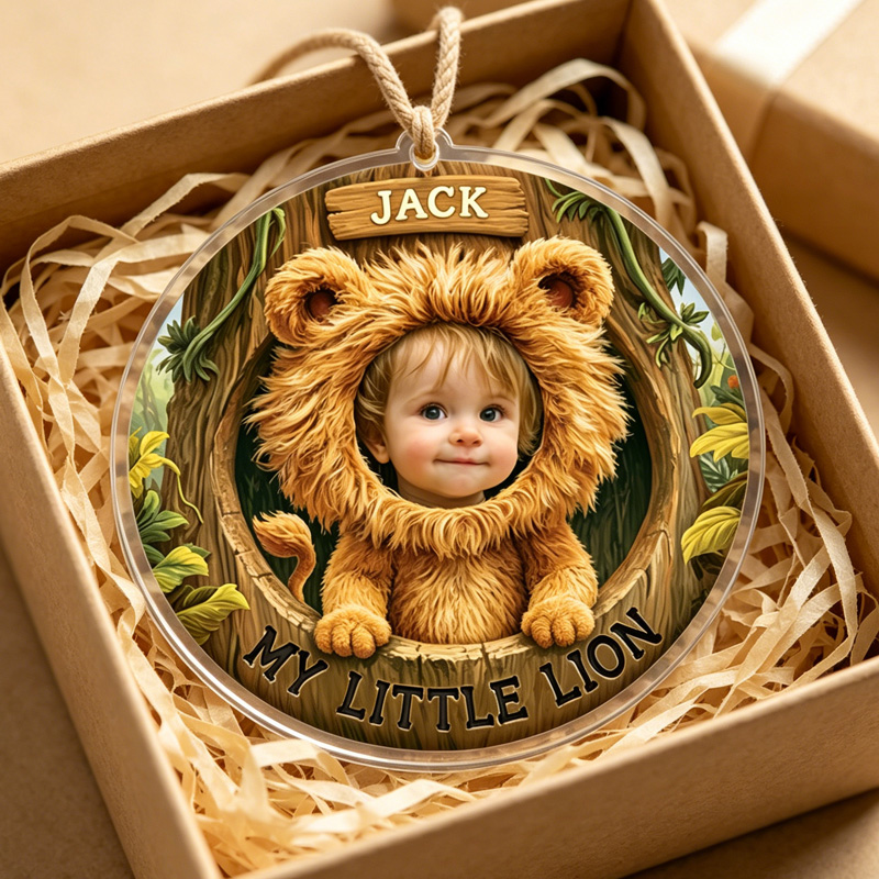 Personalized My Little Lion Baby In Furry Lion Costume With Jungle Forest Background Cute Nursery Keepsake Ornaments