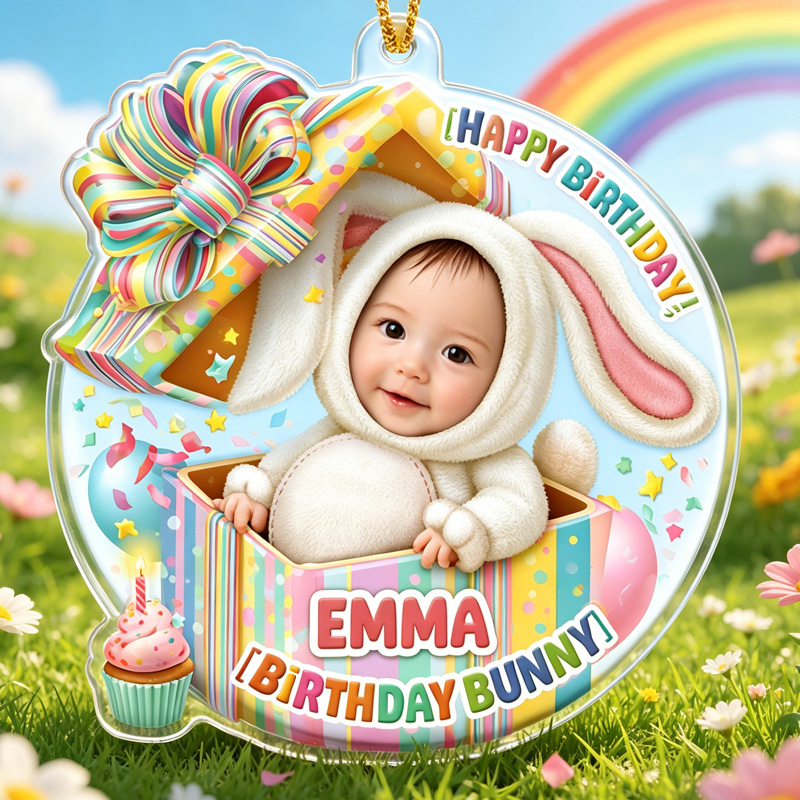 Personalized Birthday Bunny Baby In Gift Box With Rainbow Candy And Confetti Pastel Spring Celebration Ornaments