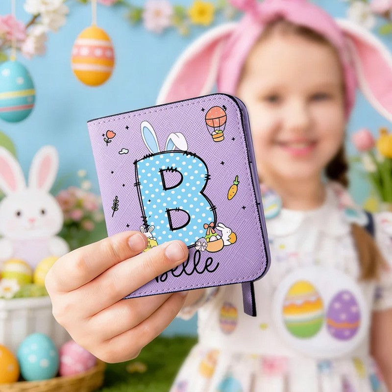 Personalized Easter Bunny Ears Initial PU Leather Wallet with Name Easter Gift for Girls