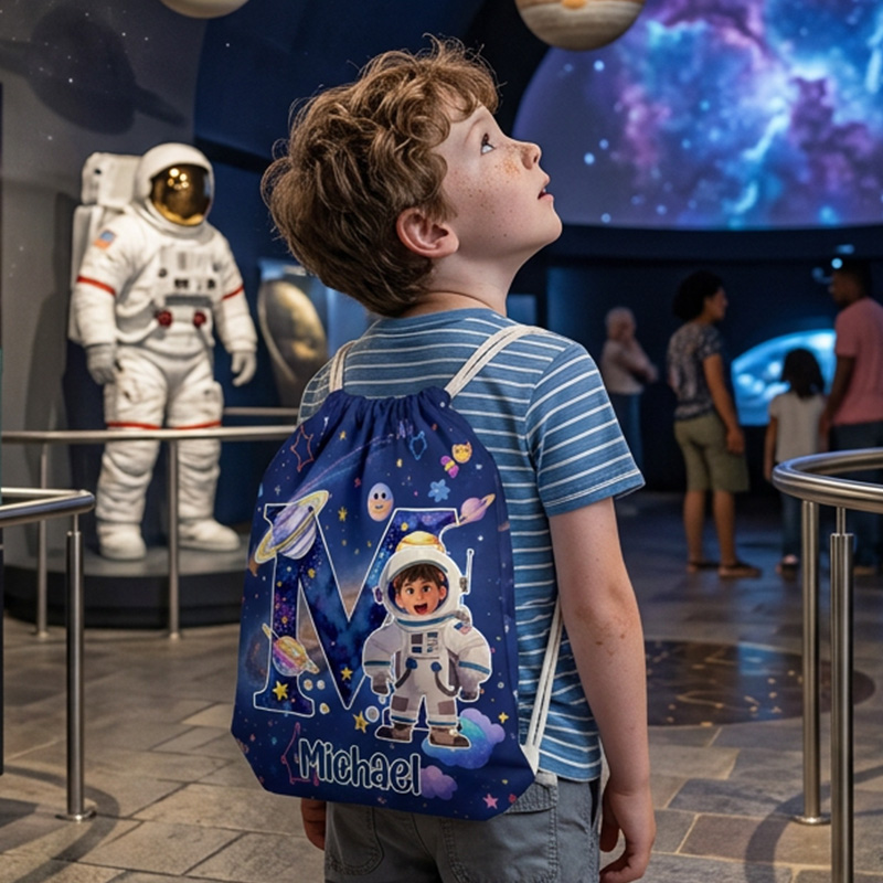 Personalized Astronaut Space Adventure Kids Name Print Backpack For Boys Girls Galaxy Theme Travel School Sports Drawstring Bag