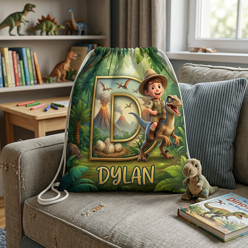 Personalized Jungle Explorer Adventure Kids Name Print Boys Girls Safari Backpack School Travel Drawstring Bag