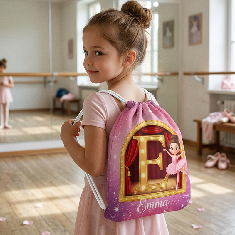 Personalized Ballet Dancer Initial Name Print Kids Pink Tutu Ballerina Backpack Girl Dance Class School Drawstring Bag