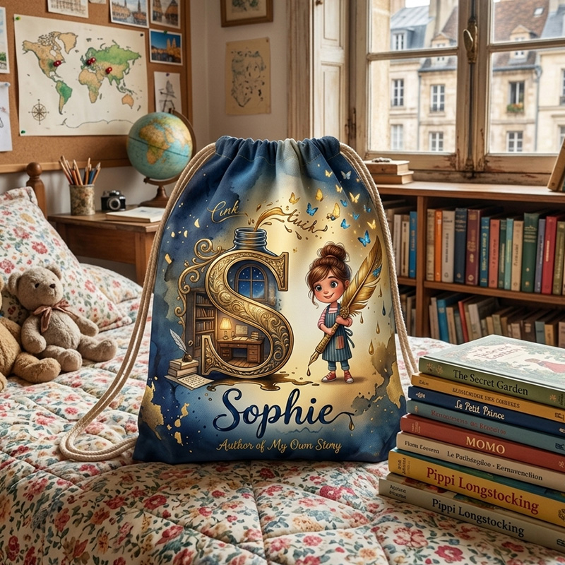 Personalized Magic Wizard Initial Name Print Kids Fantasy Spell Book Girl Boy School Library Drawstring Bag