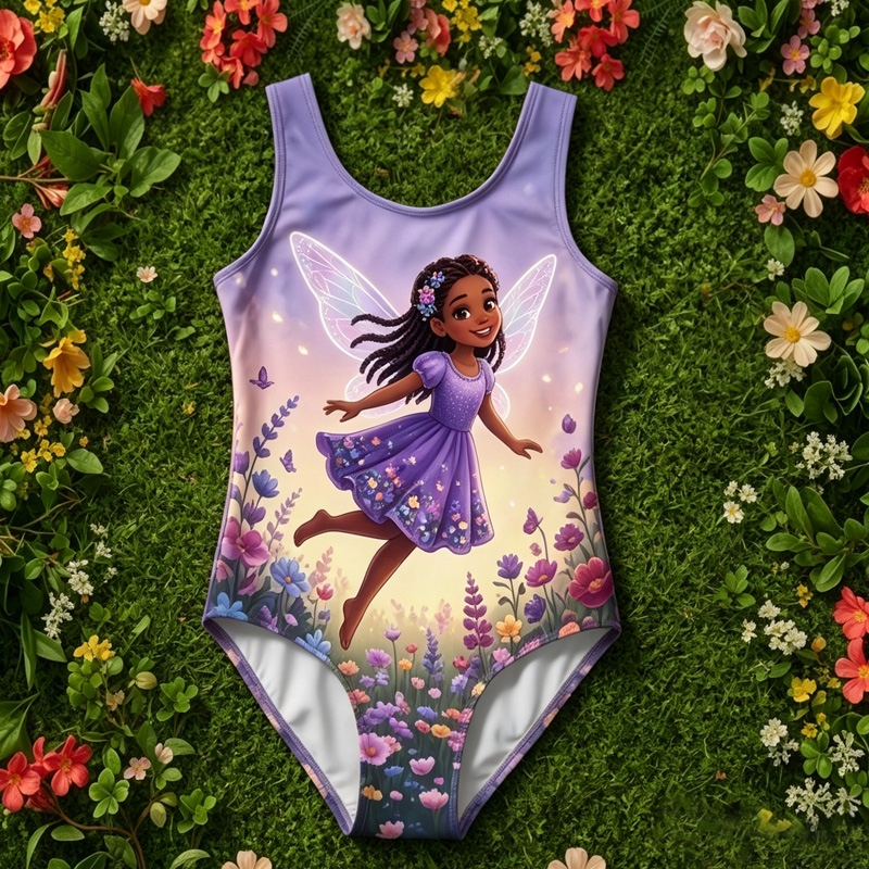 Personalized Fairy Princess Garden Wings Name Print Kids Magical Flower Meadow Summer Beach Children's Swimsuit