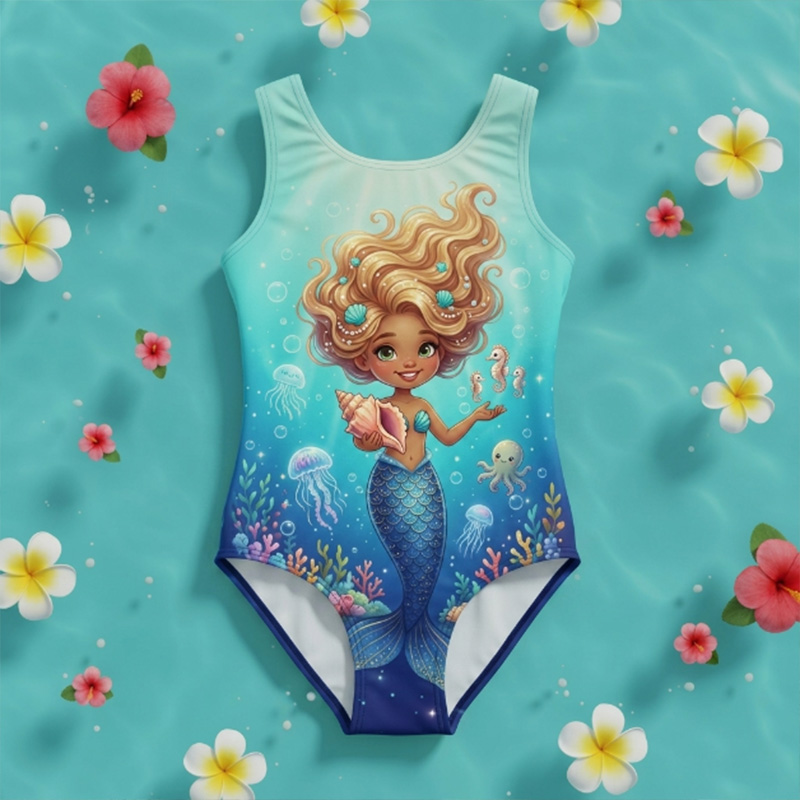 Personalized Mermaid Princess Ocean Coral Name Print Kids Pink Underwater Fantasy Beach Children's Swimsuit