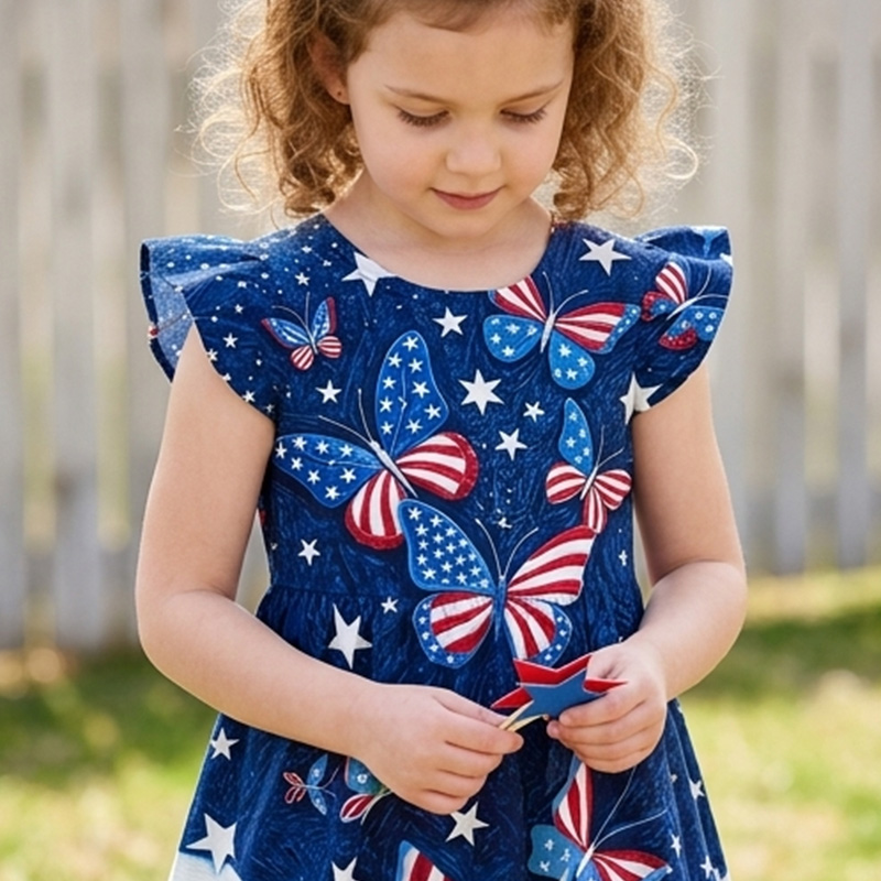 Personalized Patriotic Stars And Stripes USA Flag Print Girls Fourth Of July Red White Blue America 250th Anniversary Coquette Ruffle Dress