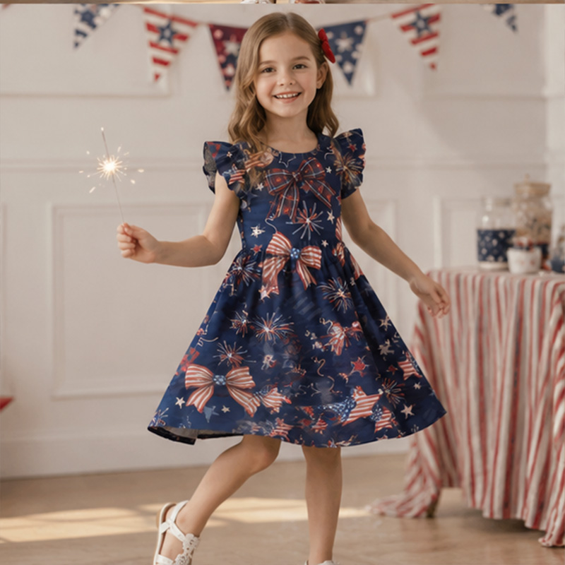 Personalized Patriotic Stars And Stripes USA Flag Print Girls Fourth Of July Red White Blue America 250th Anniversary Coquette Ruffle Dress