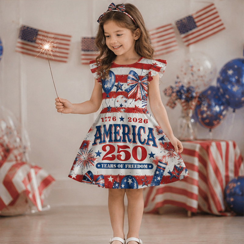 Personalized American Flag Fireworks Land Of The Free Red White Blue Girls Fourth Of July America 250th Anniversary Coquette Ruffle Dress