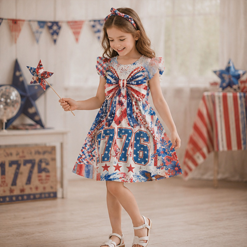 Personalized USA Stars Stripes Fireworks Independence Day Red White Blue Girls Fourth Of July America 250th Anniversary Coquette Ruffle Dress