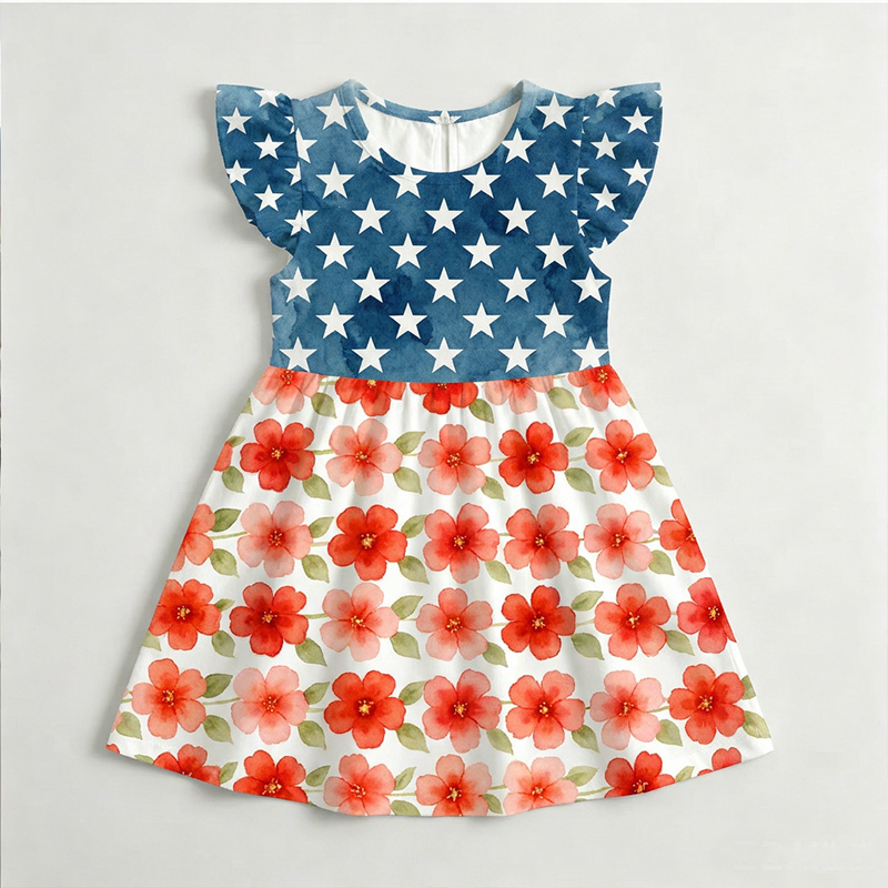 Personalized Stars And Roses USA Flag Inspired Red White Blue Girls Fourth Of July Summer Party Coquette Ruffle Dress