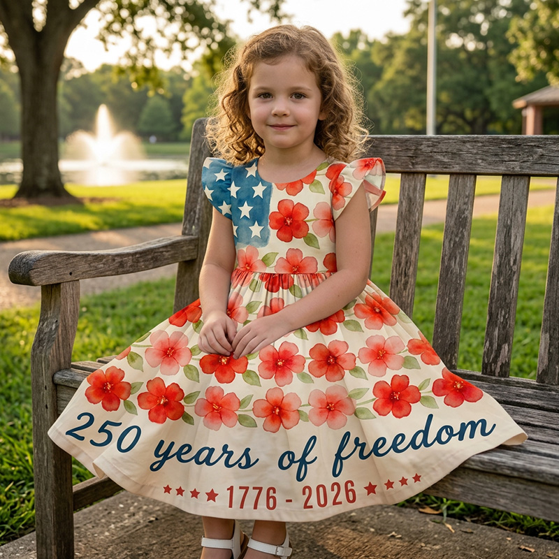 Personalized Patriotic Stars And Daisies USA Anniversary 250 Years Of Freedom Red White Blue Coquette Ruffle Dress