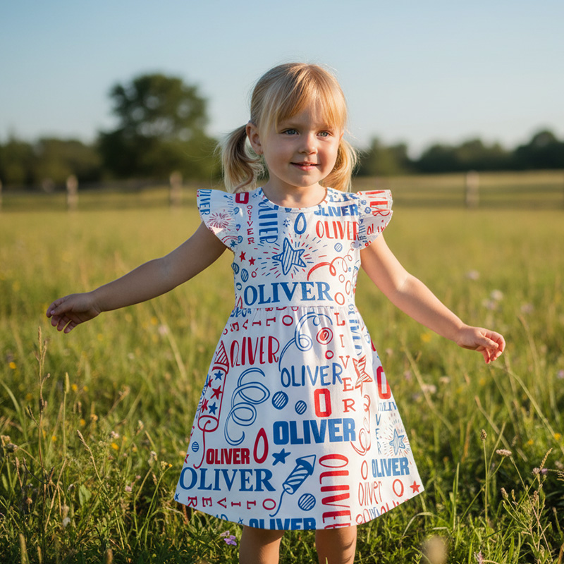 Personalized Red White Blue Fireworks Stars Confetti Name Print USA Fourth Of July Parade Girl Coquette Ruffle Dress