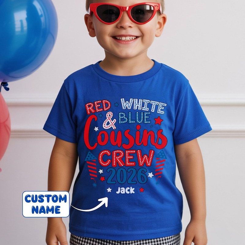 Personalized Red White And Blue Cousins Crew Fourth Of July Matching Patriotic Fireworks Graphic Kids Shirt