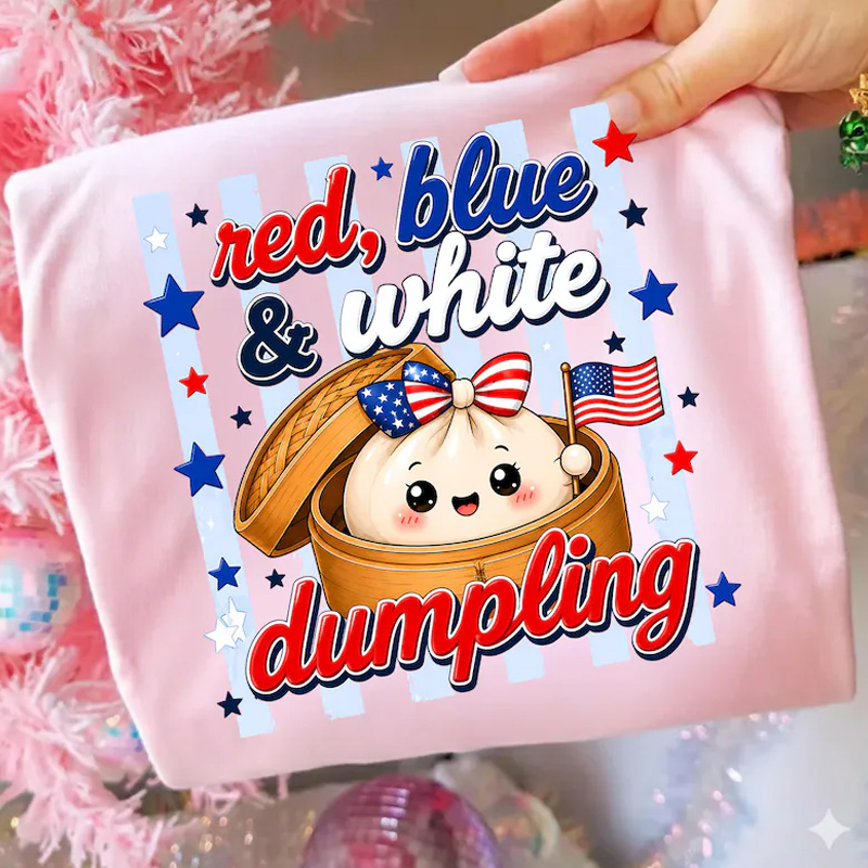 Red Blue And White Dumpling Cute Kawaii Patriotic Fourth Of July Fireworks Stars Graphic Kids Shirt