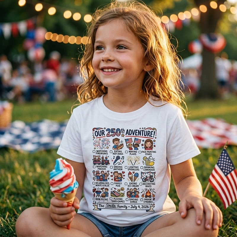 Personalized 250Th Usa Independence Adventure Checklist Family Activity Graphic Kids Shirt