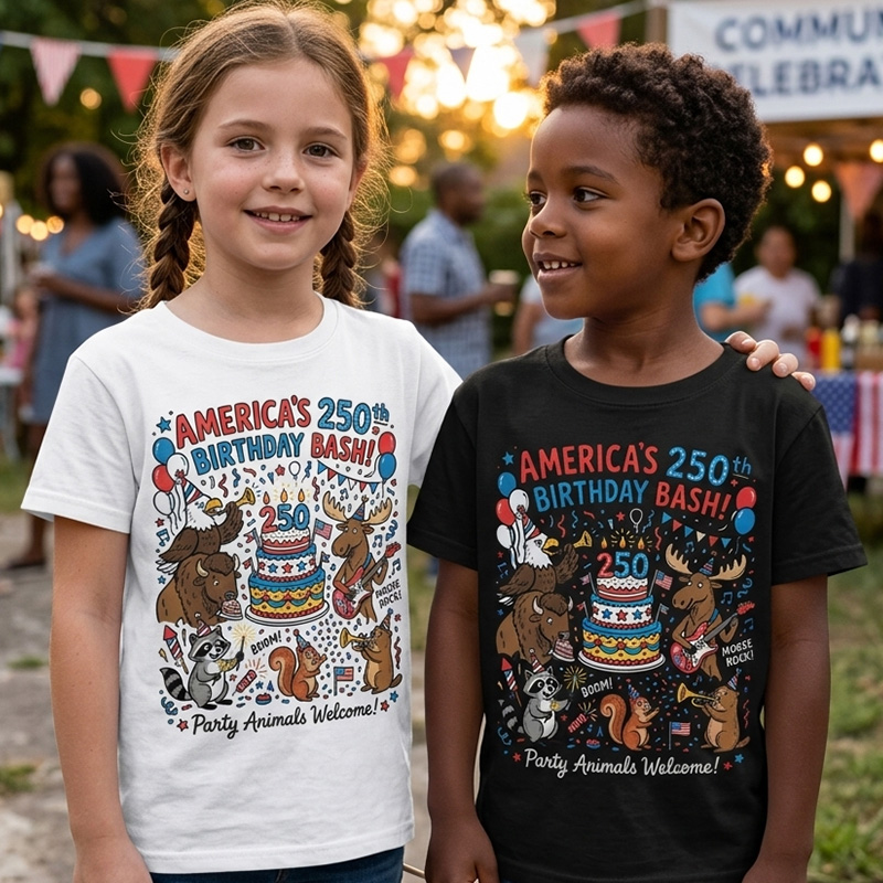 Americas 250th Birthday Bash Animals Fireworks Cake Confetti Cute Patriotic Fourth Of July Celebration Kids Shirt