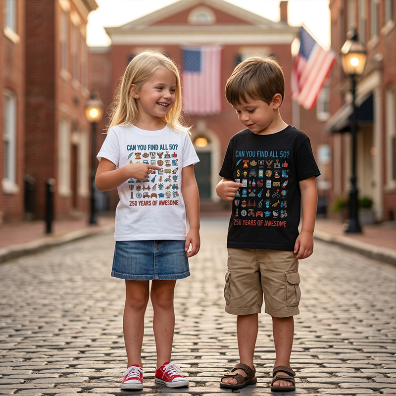 Can You Find All 50 States Icons Map Puzzle Game Patriotic USA Geography Learning Fun 250 Years Of Awesome Kids Shirt