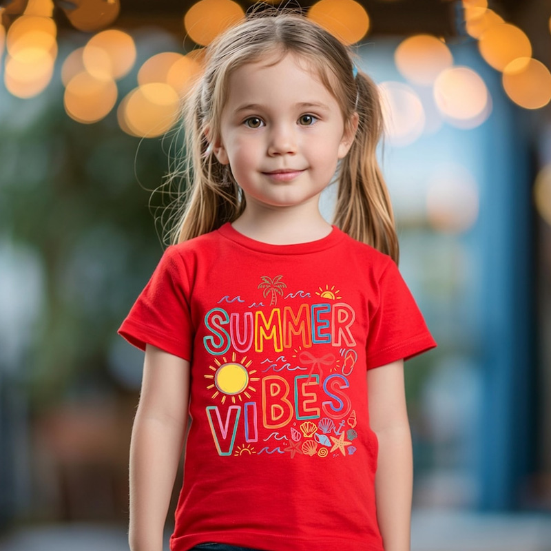 Personalized Colorful Summer Vibes Sunshine Flowers Rainbow Beach Holiday Vacation Playful Typography Graphic Kids Shirt
