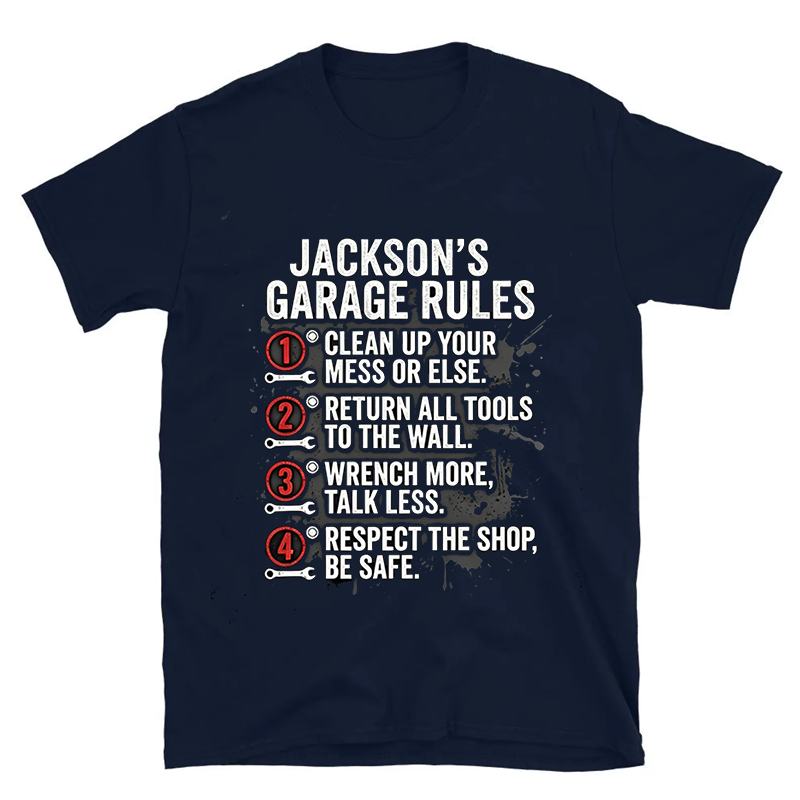 Personalized Garage Rules T-Shirt Custom Workshop Name Tee, Mechanic Garage Owner Gift for Car Lovers