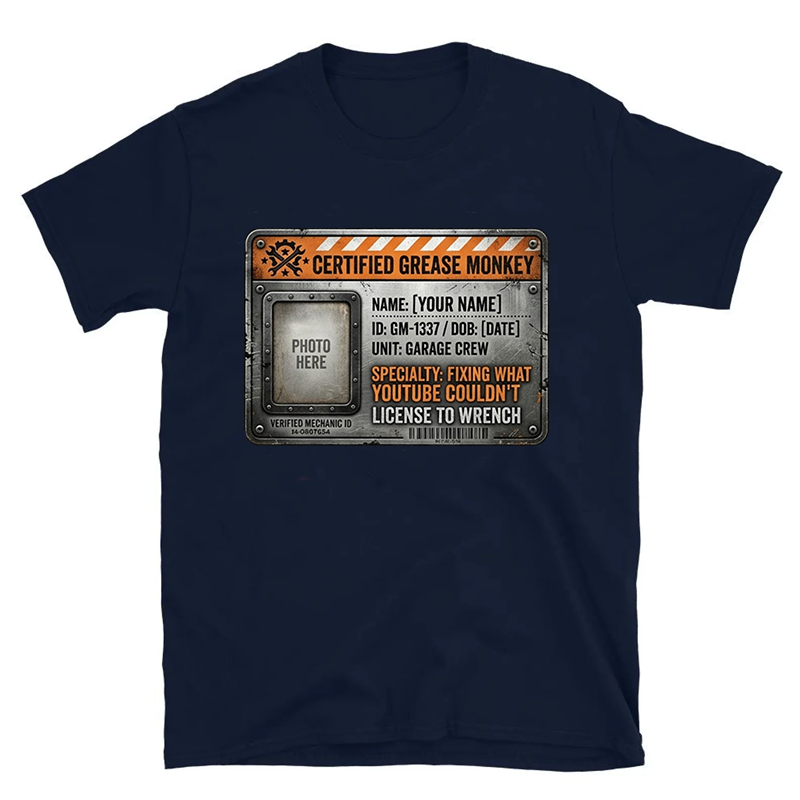 Personalized Certified Grease Monkey Mechanic Tee, Funny Garage Gift for Car Guys Dad