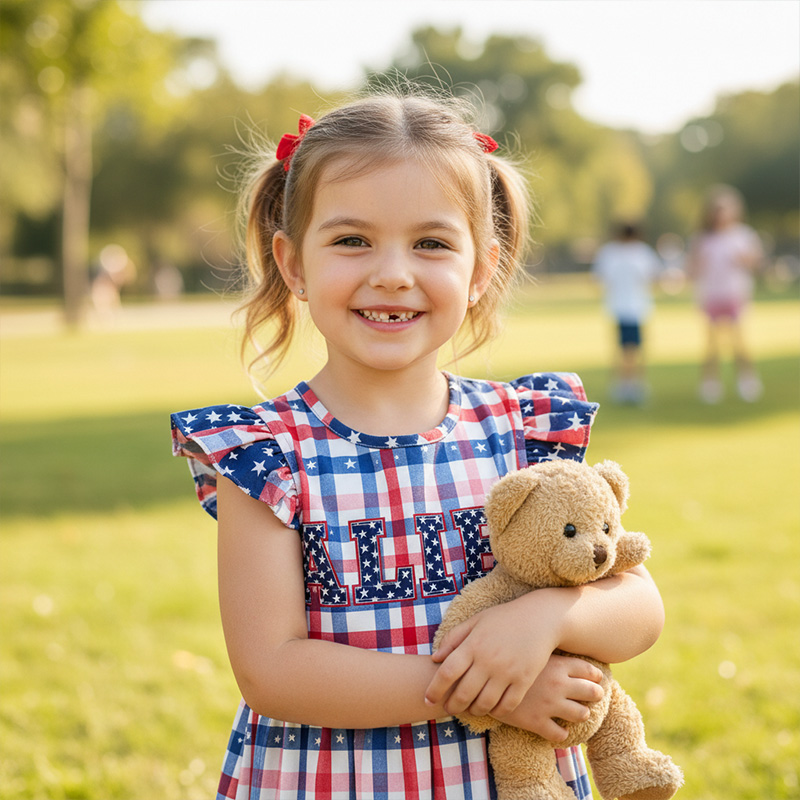 Personalized Patriotic Red White And Blue Check Plaid Fourth Of July Summer Picnic Toddler Girl Outfit Coquette Ruffle Dress