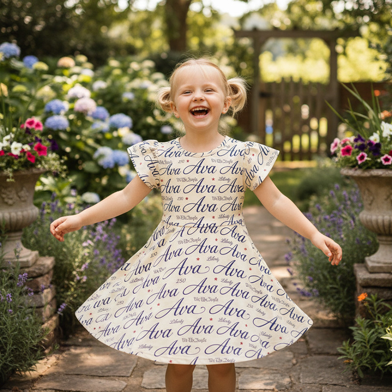 Personalized Cursive Name Script Patriotic We The People Liberty Stars Independence Day Celebration All Over Print Coquette Ruffle Dress