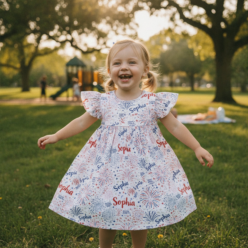 Personalized Red White And Blue Name Script Fireworks Stars Fourth Of July Patriotic Summer Celebration Coquette Ruffle Dress