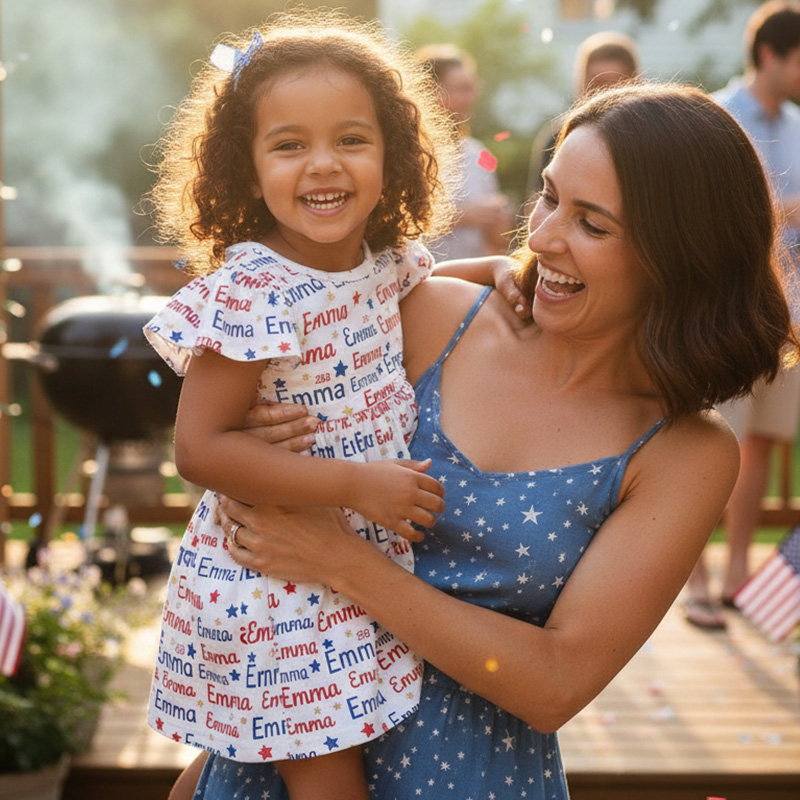 Personalized Red White And Blue Name Repeat Land Of The Free Stars Fourth Of July Patriotic Summer Coquette Ruffle Dress