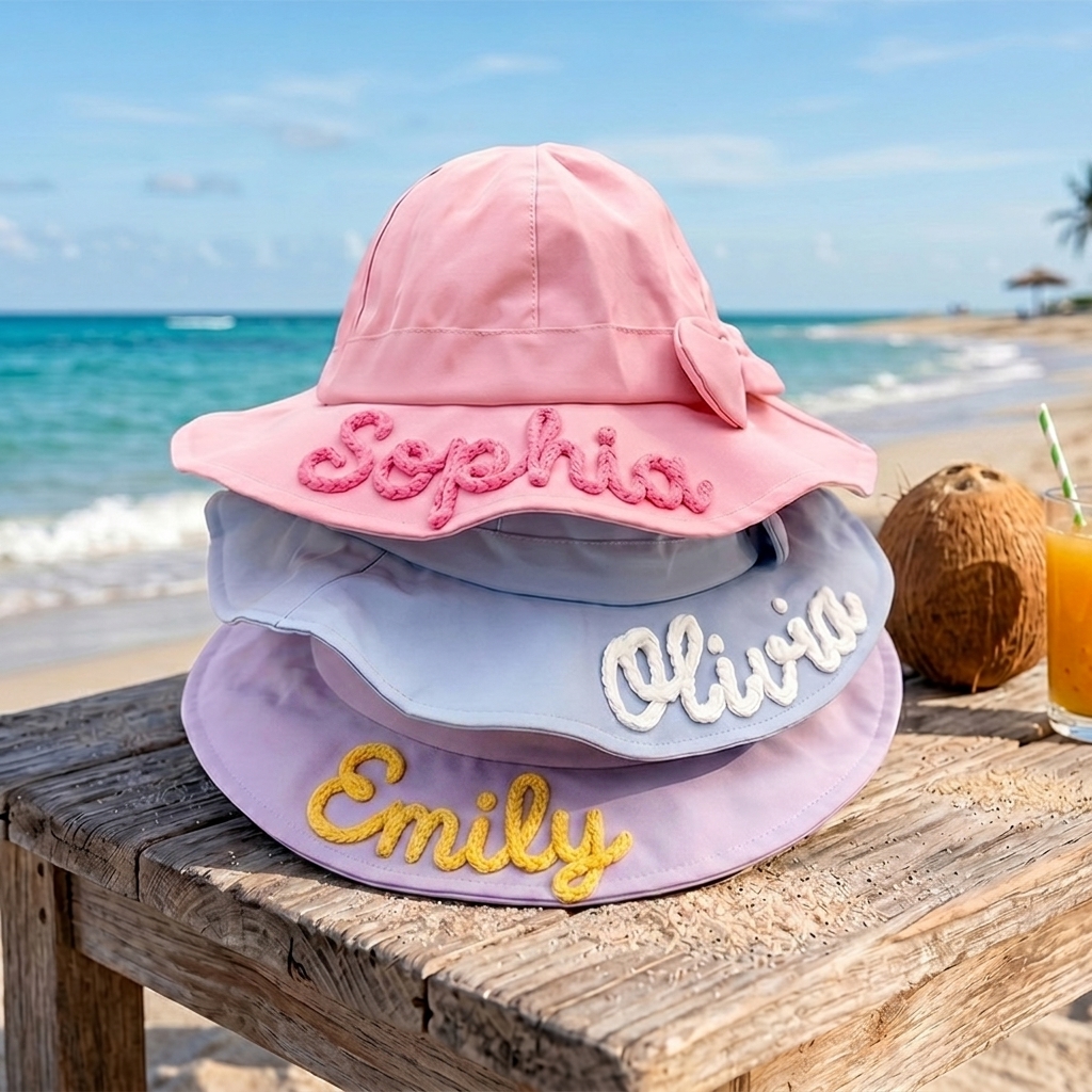 Personalized Embroidered Name Pastel Bucket Style Beach Pool Protection Adjustable Wide Brim Kids Sun Hat With Bow