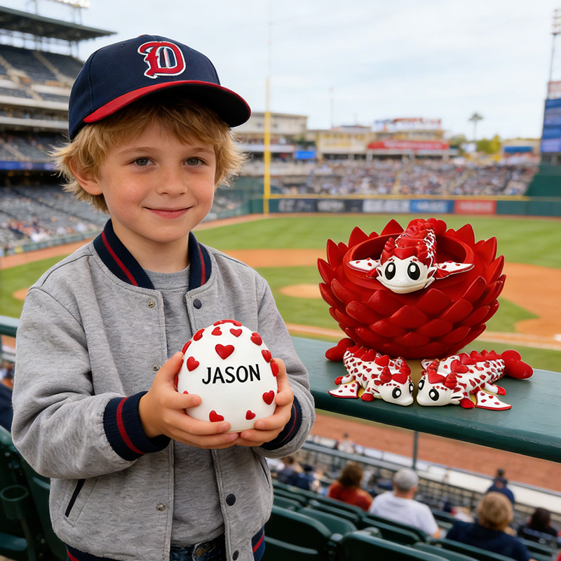 Personalized 3D Printed Baseball Heart Dragon and Egg Toy Set with Custom Name for Kids and Fans 