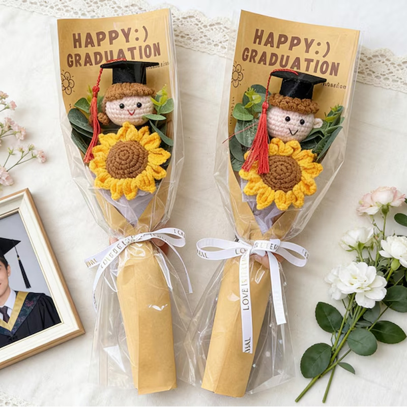 Graduation Gift Sunflower Bouquet with Cute Doll Plush Toy Handmade Flower Wrap Congratulation Present