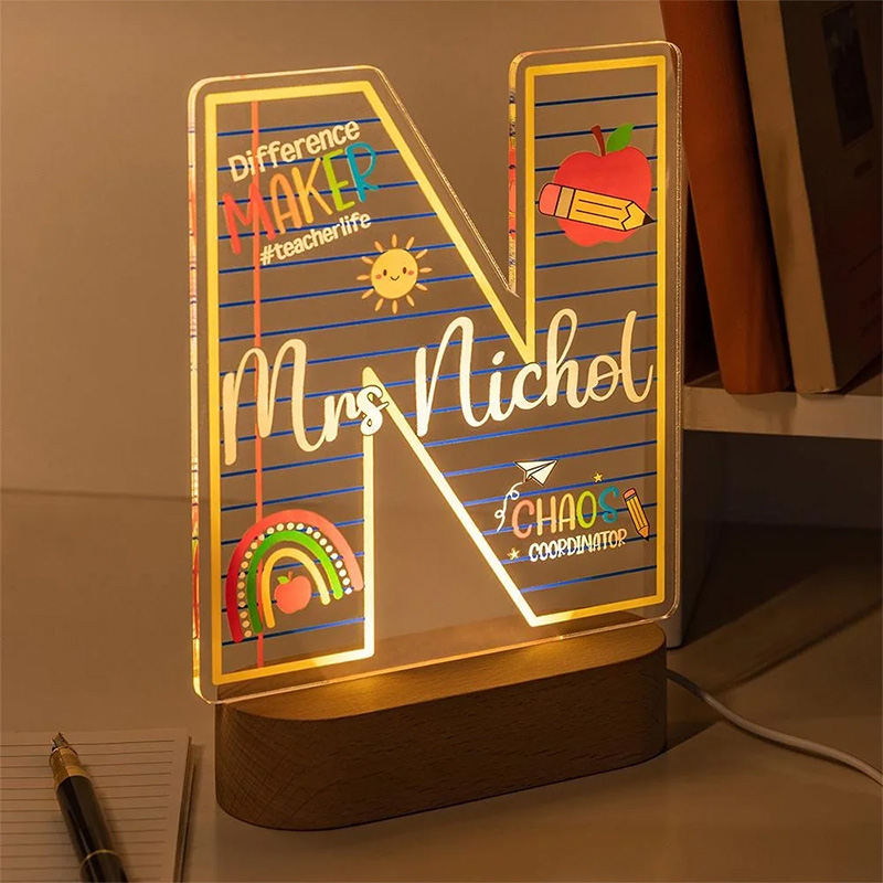 Personalized "Difference Maker" Apple Pencil LED Night Light Custom Name with Wooden Base Teacher's Day Appreciation Gift