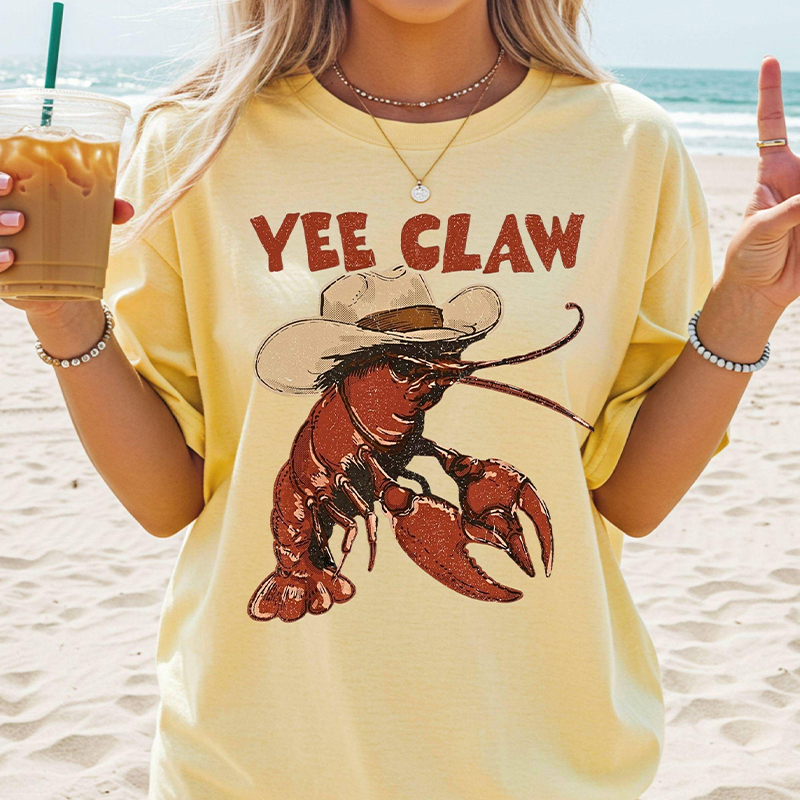 Personalized Yee Claw Cowboy Crawfish Graphic T-Shirt, Funny Western Tee for Beach and Summer Outings