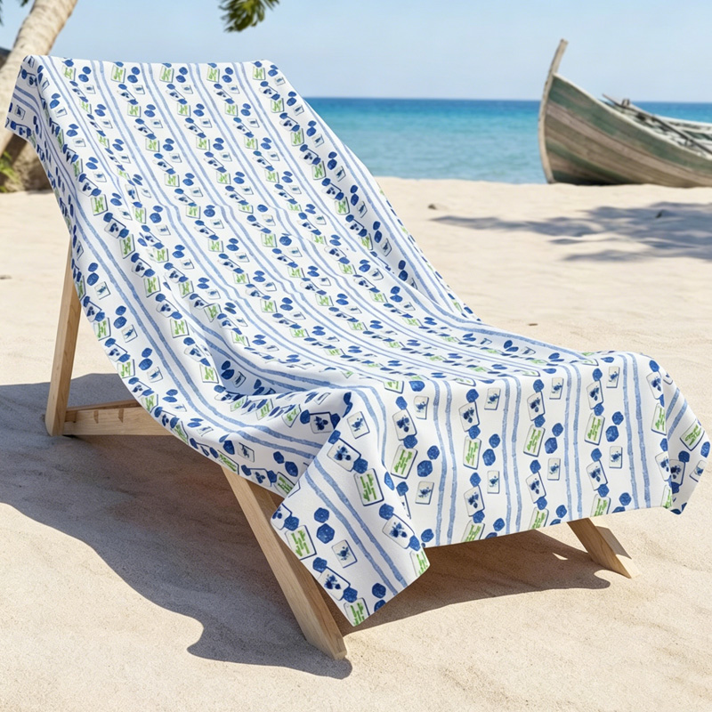 Blue and Green Mahjong Pattern Coastal Summer Vibe Soft Absorbent Fabric Relaxing Seaside Mahjong Beach Towel