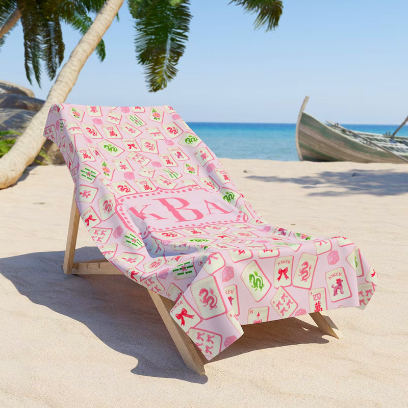 Personalized Mahjong Beach Towel Pink Coquette Mahjongg Towel Feminine Elegant Accessory