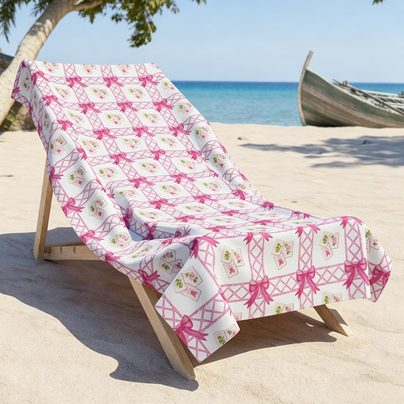 Pink Lattice Floral Tile Mahjong Pattern Elegant Summer Vibe Soft Cozy Coastal Style Mahjong Beach Towel