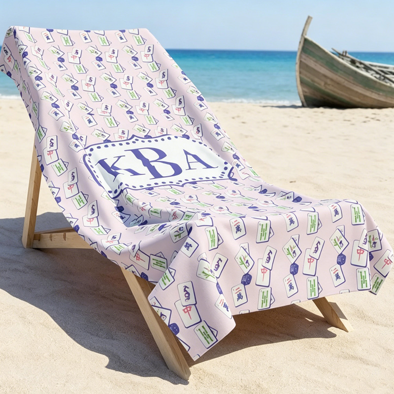 Pastel Majhong Pattern with Purple Green Accents Elegant Summer Coastal Vibe Relaxing Soft Mahjong Beach Towel