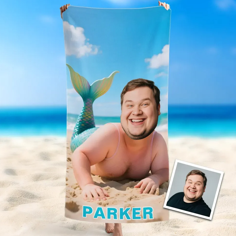 Personalized Funny Father Merman Photo Personalized Summer Humor Playful Ocean Vibe Creative Custom Gift Beach Towel