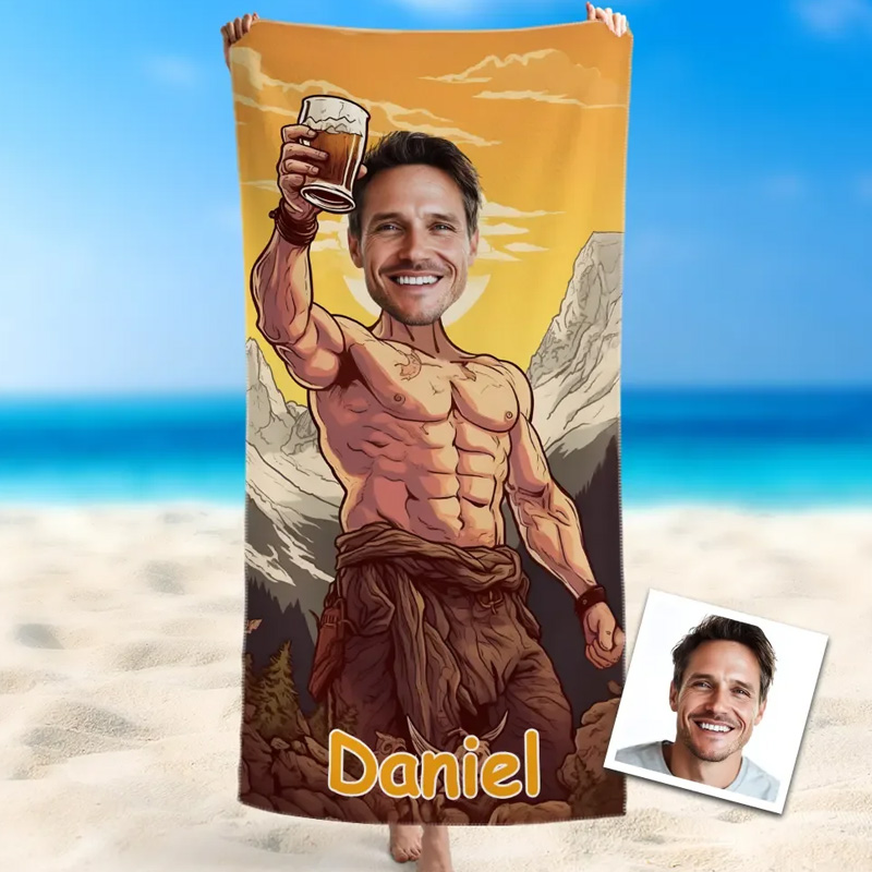 Personalized Cartoon mountain hero with beer confident adventure style custom caricature fun gift Beach Towel