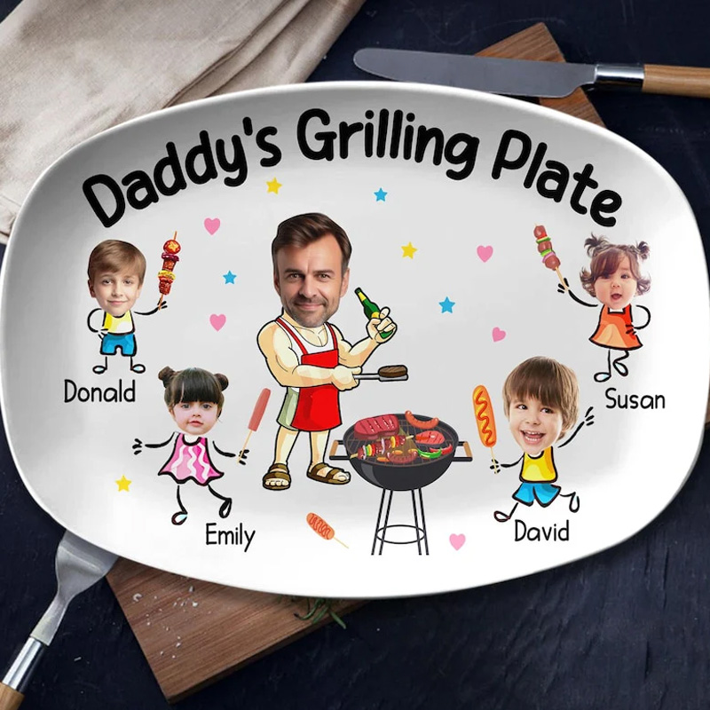 Personalized Cute cartoon family barbecue funny personalized summer cookout gift for dad custom artwork Daddy Grilling Platter