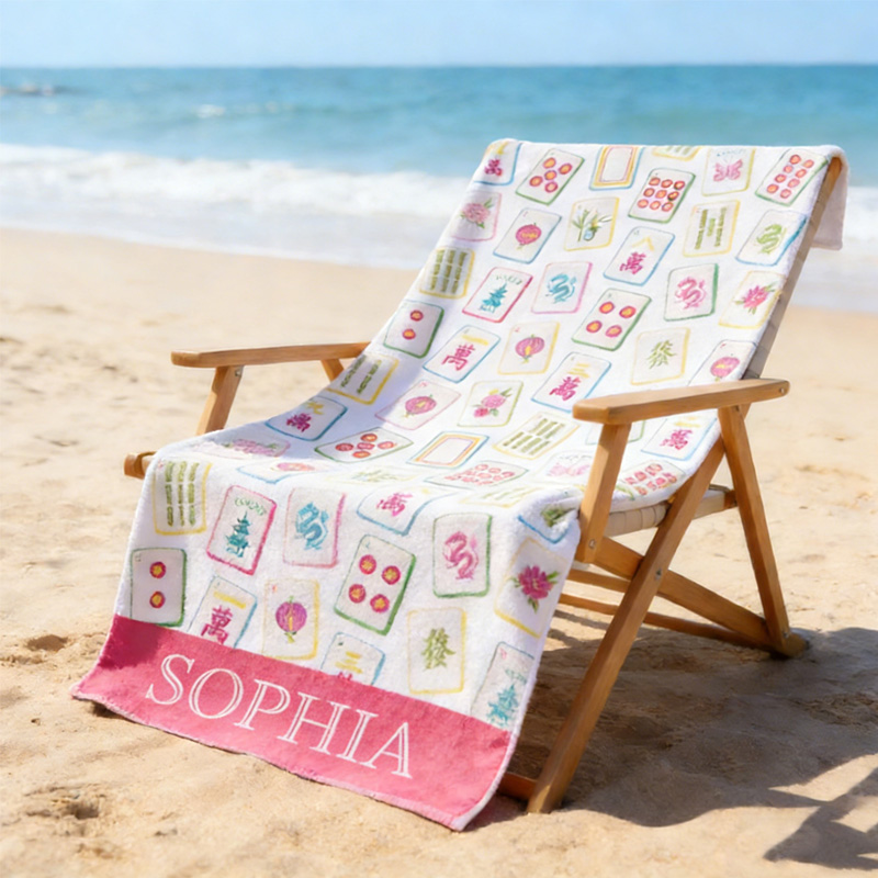 Watercolor Bright Mahjong Tiles Monogram Beach Towel Pink Coquette Mahjong Towel Feminine Elegant Accessory