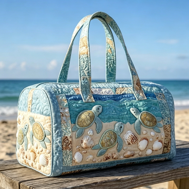 Sea Turtle Ocean Breeze Coastal Shells Beach Inspired Aqua Blue Summer Vibe Hand Held Quilted Travel Bag