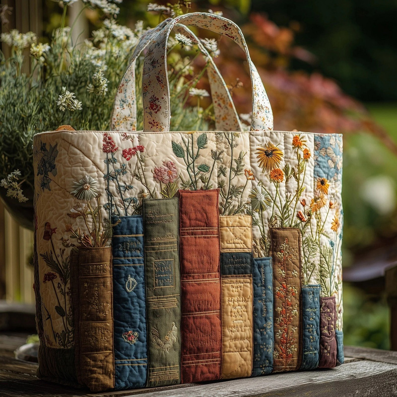 Vintage bookshelf floral garden embroidered cozy cottagecore literary inspired Hand Held Quilted Bag