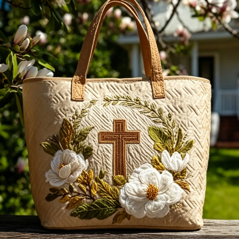 Faith Cross Floral Wreath Spring Blossom Elegant Spiritual Nature Inspired Hand Held Quilted Bag