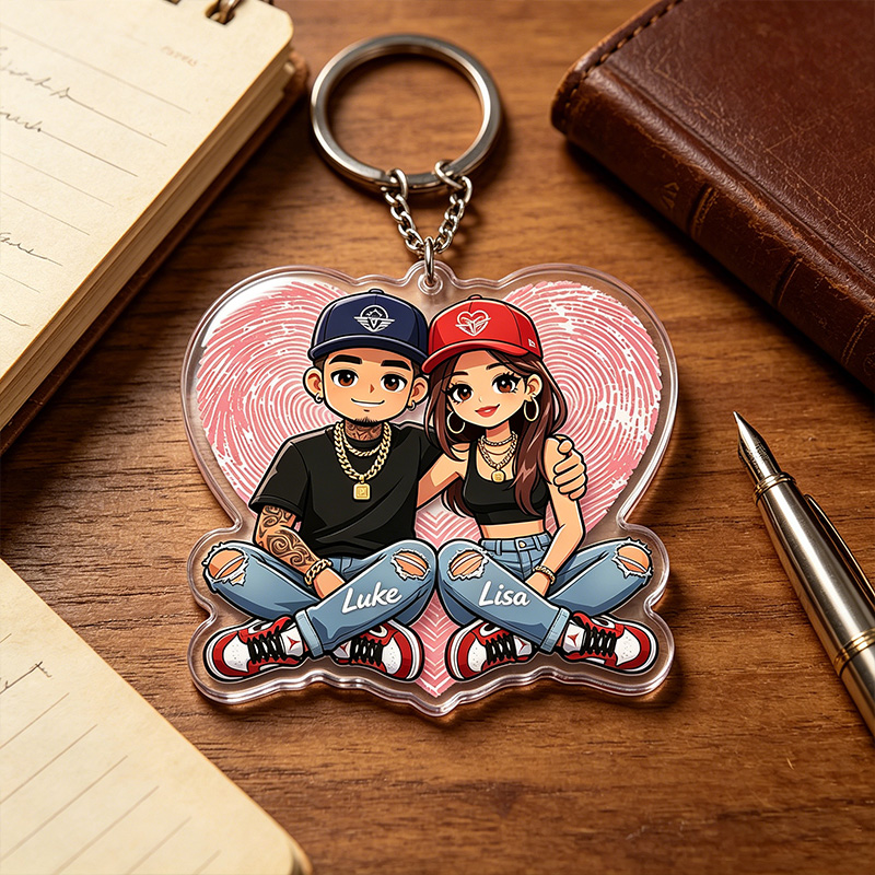 Personalized Hip Hop Cartoon Character Couple Keychain with Name Y2K Couple 