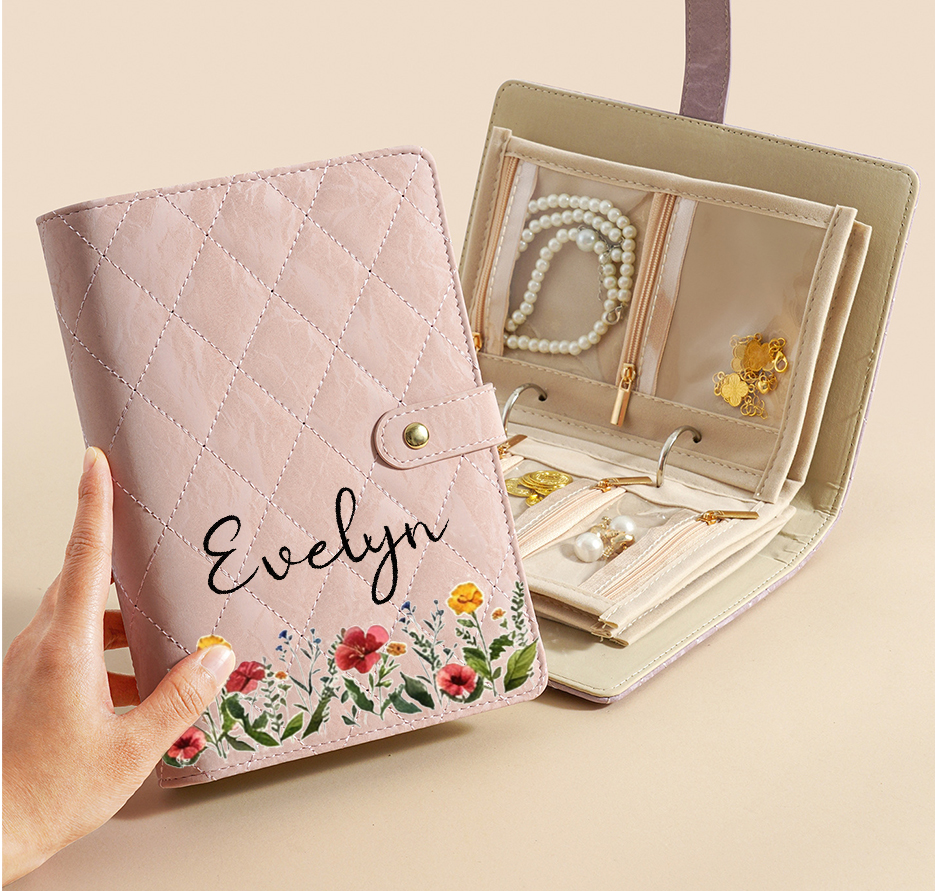 Personalized Floral Jewelry Organizer Book Custom Name and Birth Flower Travel Case with Mirror  Velvet Pages  Modular Storage Gift for Women
