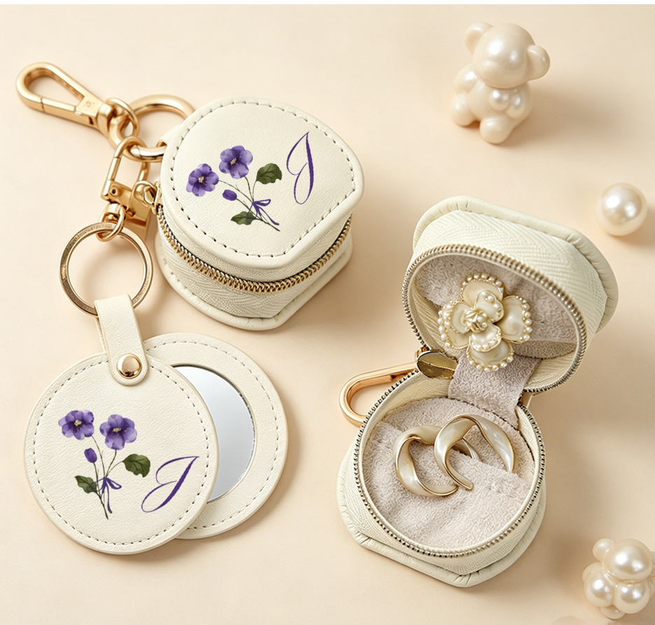 Personalized Mini Jewelry Travel Case  Custom Name and Birth Flower Portable Leather Box with Mirror Velvet Interior  Gift for Women