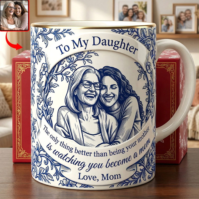 Personalized Mother and Daughter Portrait Custom Photo Illustration with Heartfelt Message Blue Floral Sentimental Coffee Mug