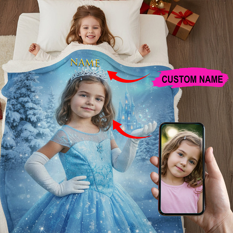 Personalized Princess Blanket Custom Photo Blue Ice Castle Magical Winter Fairy Tale Themed Gift for Girls